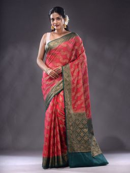 CHARUKRITI - Pink Georgette Handwoven Saree With Unstitched Blouse